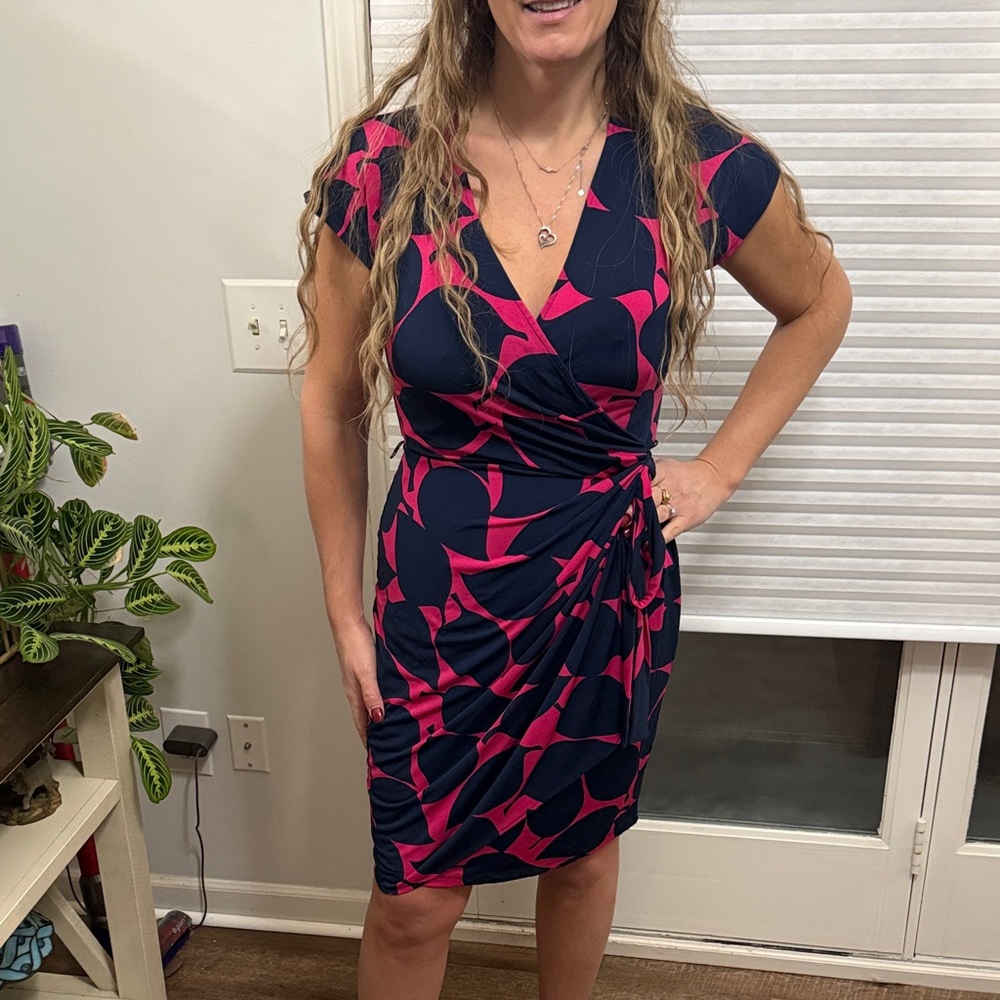 Maggy London Navy and Pink Wrap Mini Dress